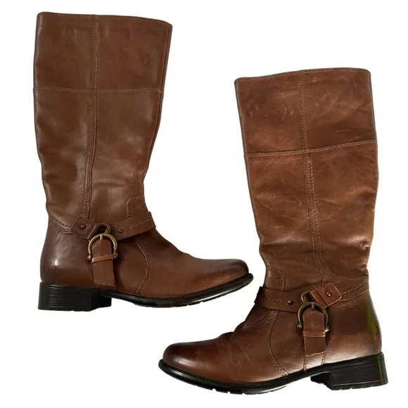 Clarks Brown Leather Riding Boots Harness Strap Mid Calf Women’s 8 Classic - Picture 1 of 14
